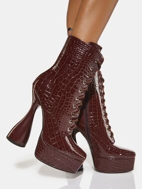 Azalea Wang Women’s Croc-Embossed Vegan Leather Lace-Up Platform Boots - Brown